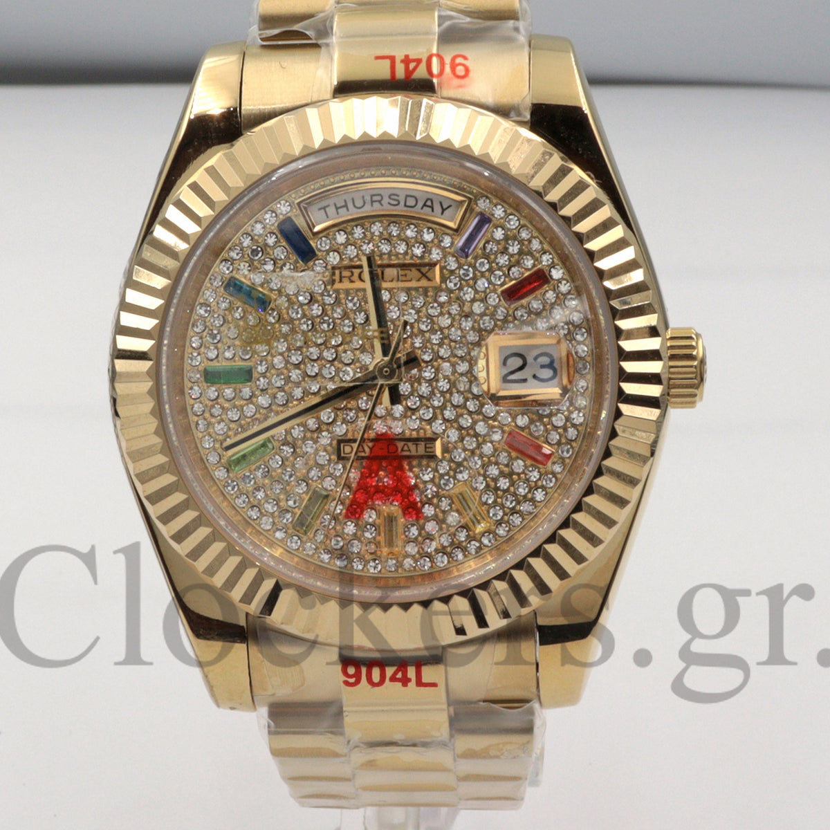 Gold Day Date 40mm Watch Fluted Bezel Diamond Paved Rainbow Sapphire Dial