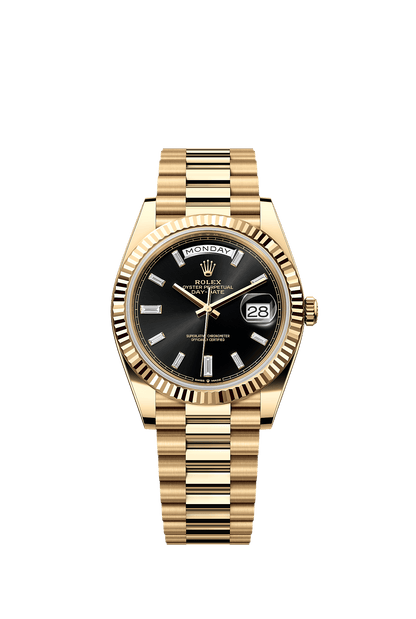 DAY-DATE BLACK DIAL DIAMOND MARKERS FLUTED BEZEL GOLD 1:1