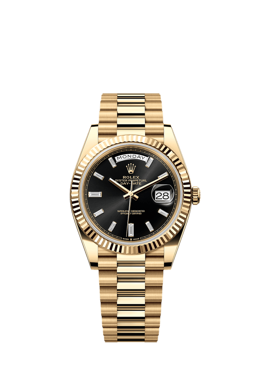 DAY-DATE BLACK DIAL DIAMOND MARKERS FLUTED BEZEL GOLD