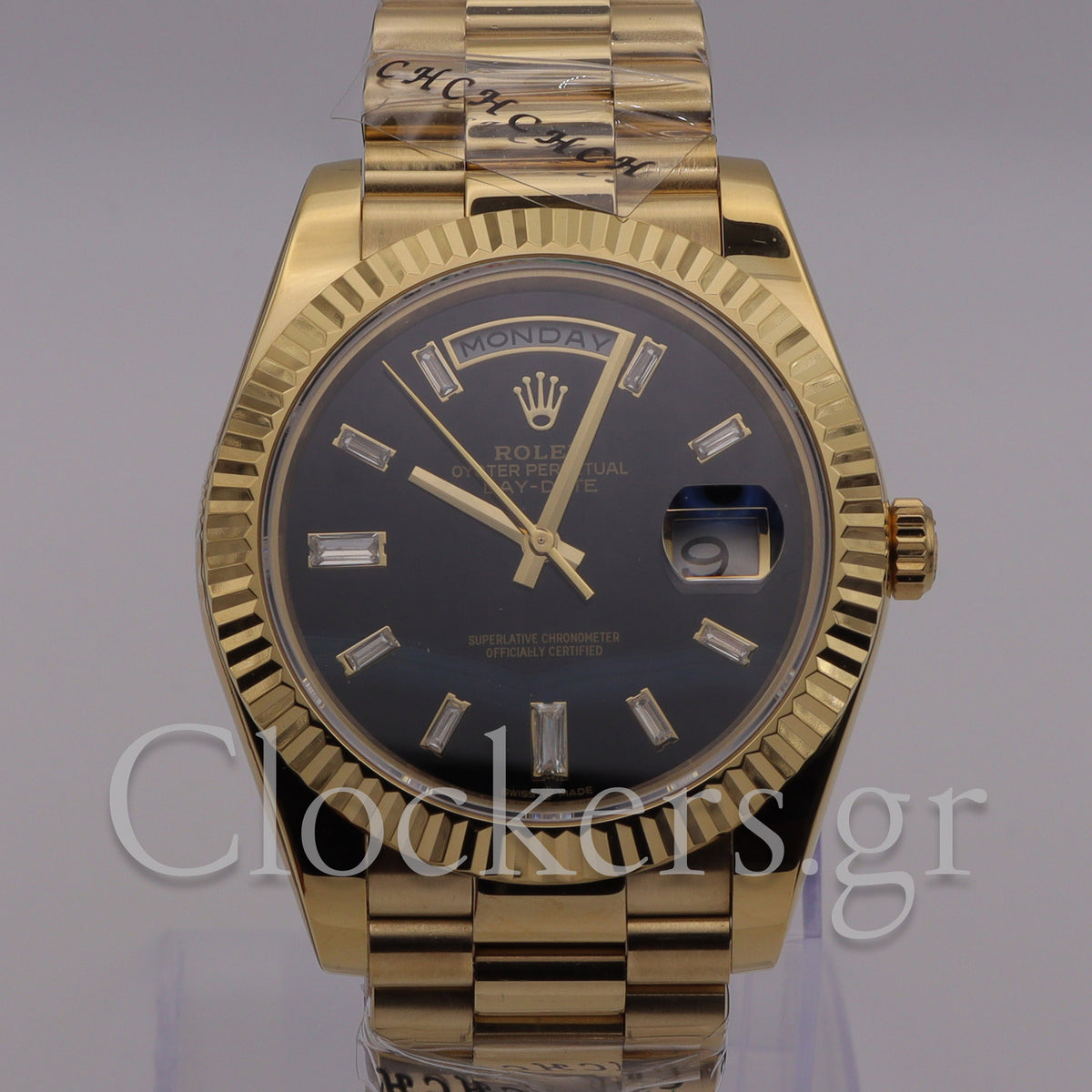 DAY-DATE BLACK DIAL DIAMOND MARKERS FLUTED BEZEL GOLD 1:1