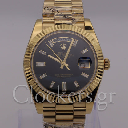 DAY-DATE BLACK DIAL DIAMOND MARKERS FLUTED BEZEL GOLD 1:1