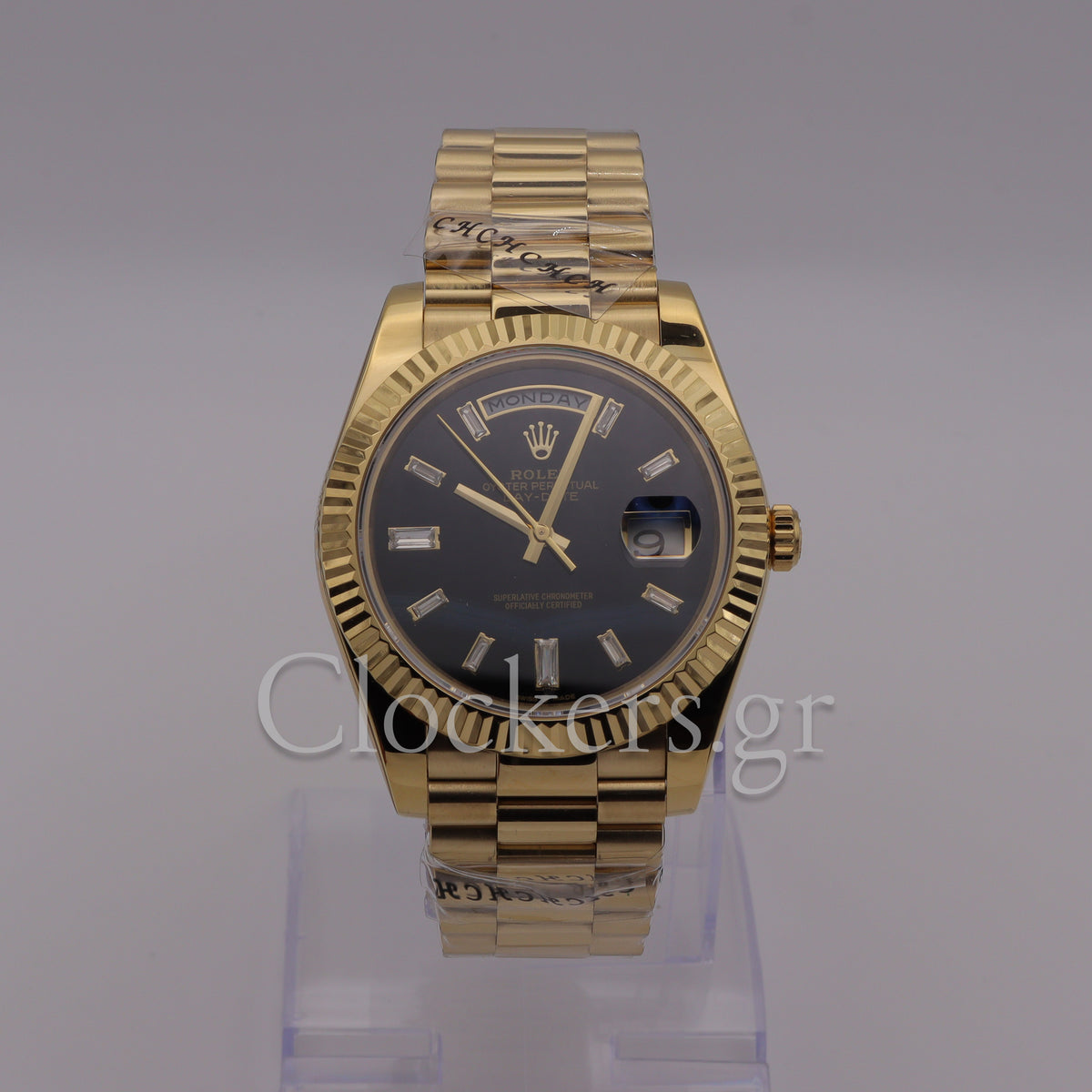 DAY-DATE BLACK DIAL DIAMOND MARKERS FLUTED BEZEL GOLD 1:1