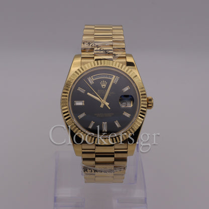 DAY-DATE BLACK DIAL DIAMOND MARKERS FLUTED BEZEL GOLD 1:1