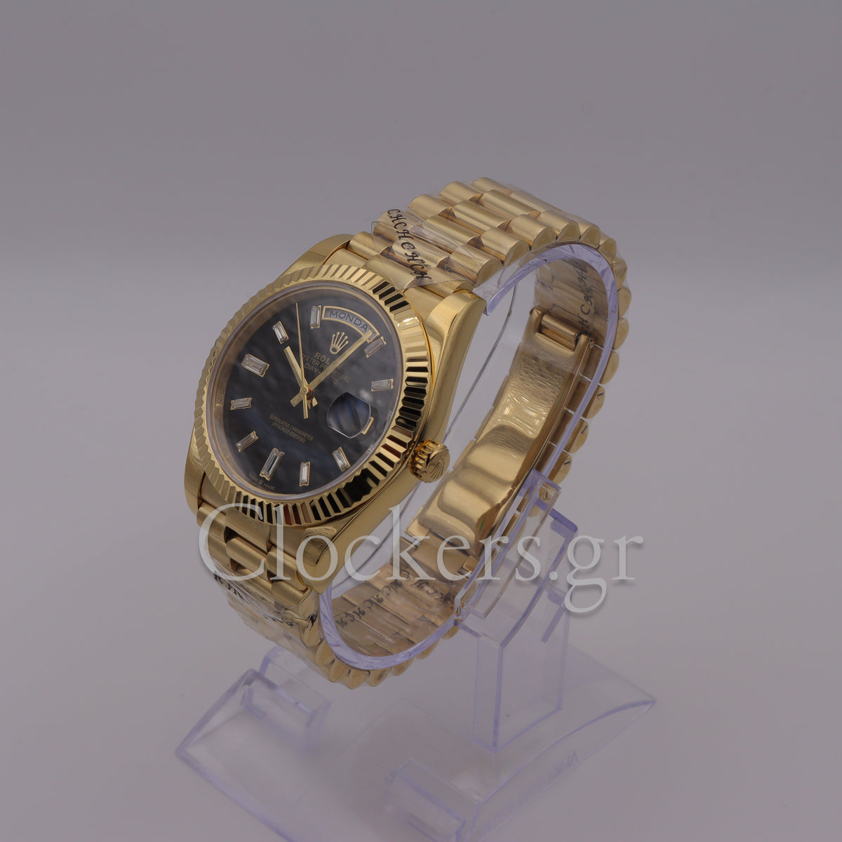 DAY-DATE BLACK DIAL DIAMOND MARKERS FLUTED BEZEL GOLD 1:1