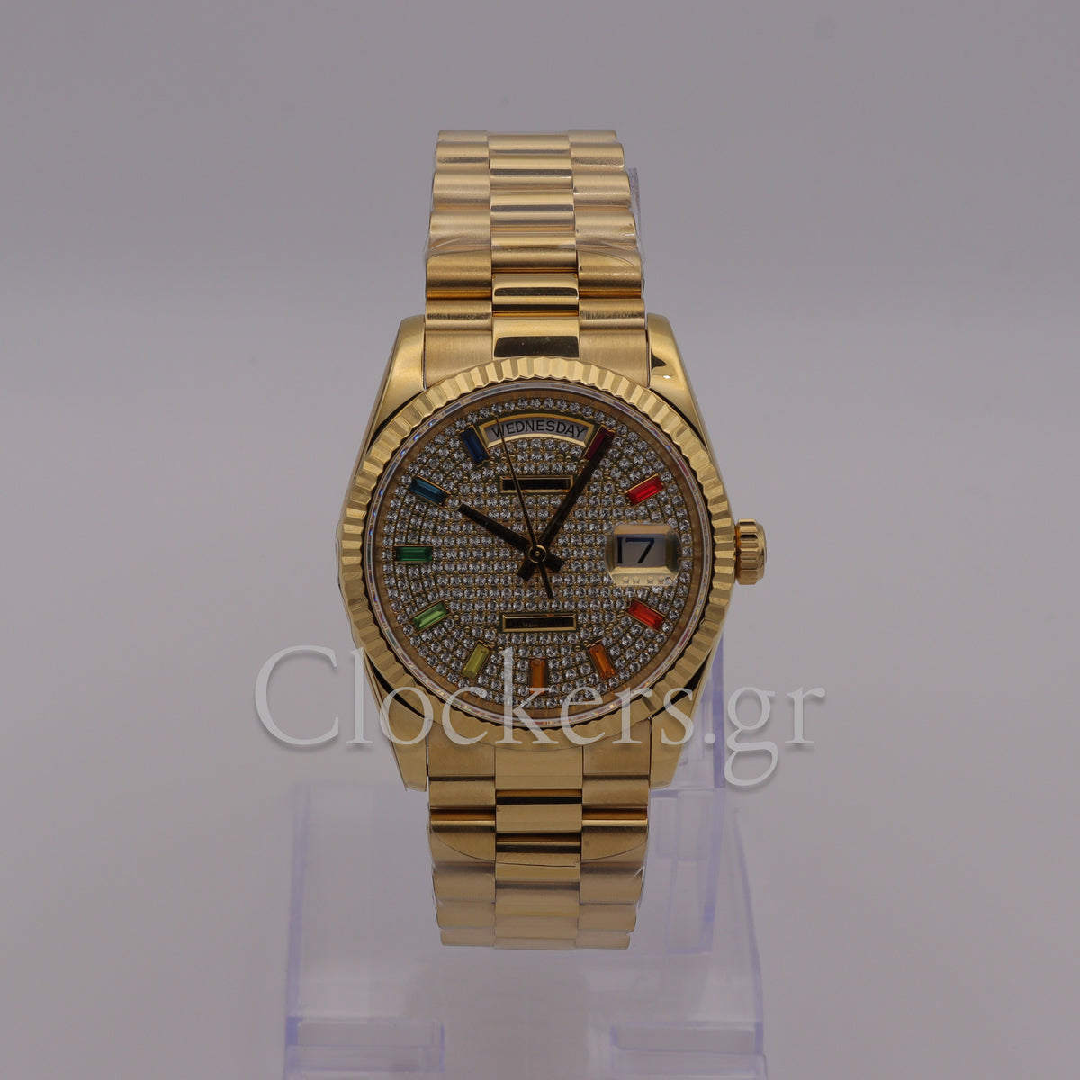 GOLD DAY DATE 36MM WATCH FLUTED BEZEL DIAMOND PAVED RAINBOW SAPPHIRE DIAL