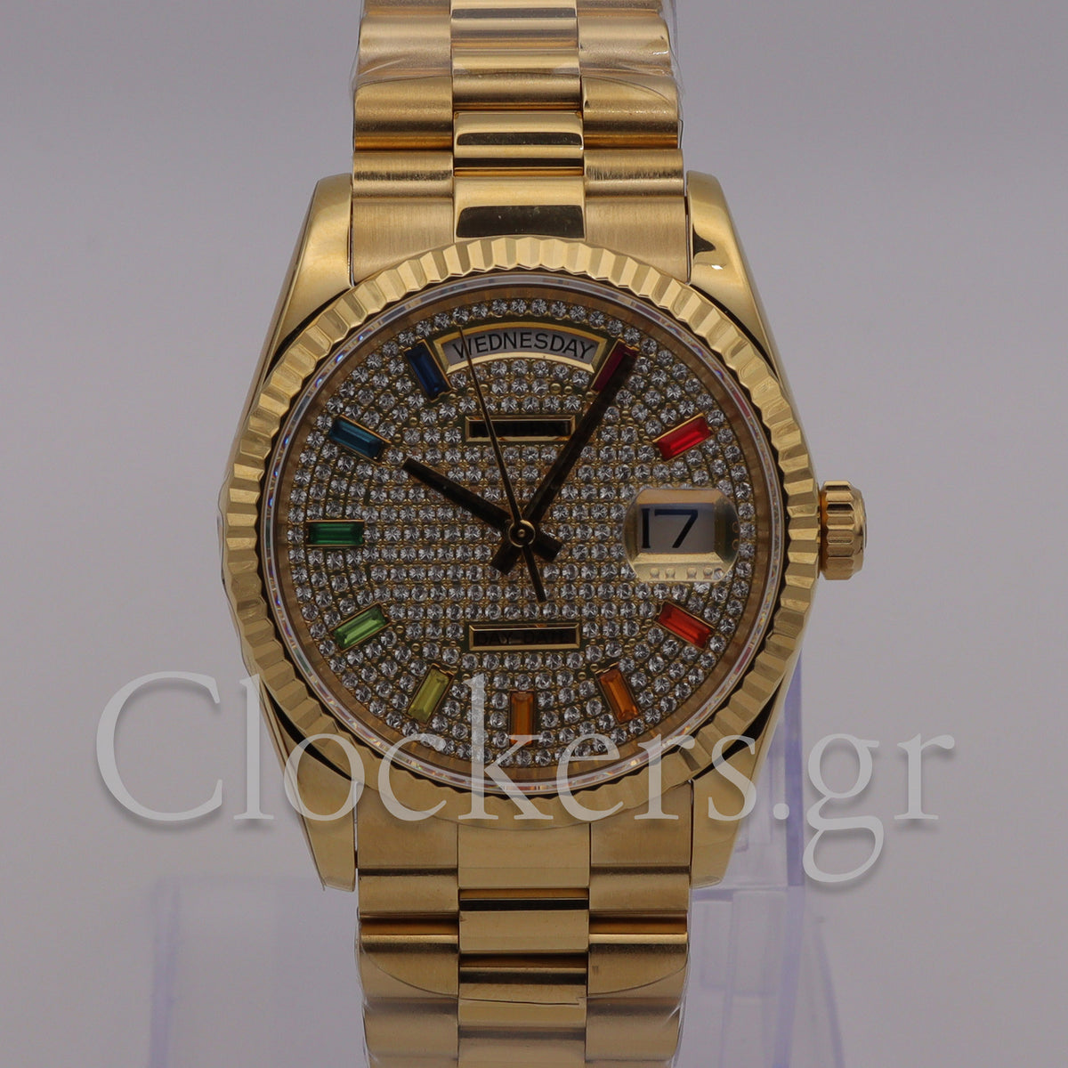 GOLD DAY DATE 36MM WATCH FLUTED BEZEL DIAMOND PAVED RAINBOW SAPPHIRE DIAL