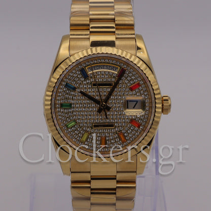 GOLD DAY DATE 36MM WATCH FLUTED BEZEL DIAMOND PAVED RAINBOW SAPPHIRE DIAL