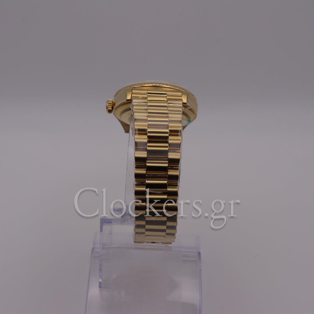 GOLD DAY DATE 36MM WATCH FLUTED BEZEL DIAMOND PAVED RAINBOW SAPPHIRE DIAL