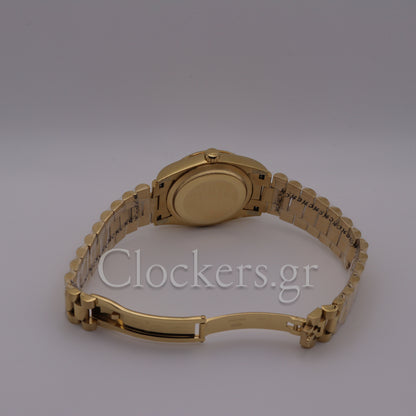 GOLD DAY DATE 36MM WATCH FLUTED BEZEL DIAMOND PAVED RAINBOW SAPPHIRE DIAL